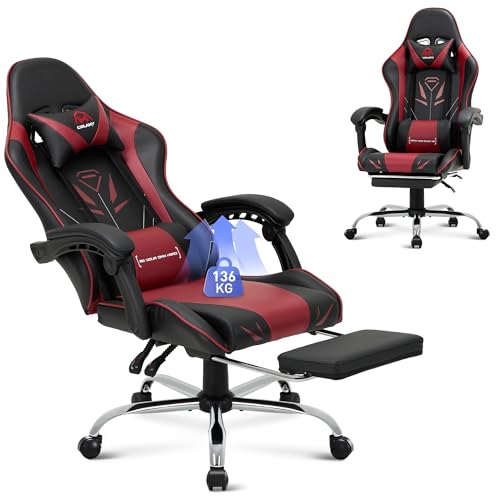 COLAMY Gaming Stuhl, Computer Stuhl mit Fußstütze und Lendenwirbelstütze, höhenverstellbarer Gaming Chair mit 360°-Drehsitz und Kopfstütze, Video Gamer PC Stuhl, Ergonomische hohe Rückenlehne, Rot von COLAMY