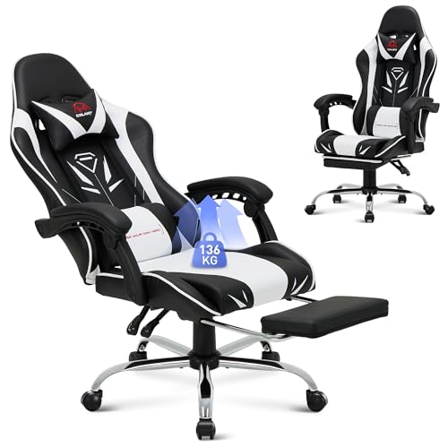 COLAMY Gaming Stuhl, Computer Stuhl mit Fußstütze und Lendenwirbelstütze, höhenverstellbarer Gaming Chair mit 360°-Drehsitz und Kopfstütze, Video Gamer PC Stuhl, Ergonomische hohe Rückenlehne, Weiß COLAMY Gaming Stuhl, Computer Stuhl mit Fußstütze und Lendenwirbelstütze, höhenverstellbarer Gaming Chair mit 360°-Drehsitz und Kopfstütze, Video Gamer PC Stuhl, Ergonomische hohe Rückenlehne, Weiß von COLAMY