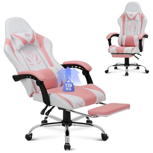COLAMY Gaming Stuhl, Computer Stuhl mit Fußstütze und Lendenwirbelstütze, höhenverstellbarer Gaming Chair mit 360°-Drehsitz und Kopfstütze, Video Gamer PC Stuhl, Ergonomische hohe Rückenlehne, Rosa von COLAMY