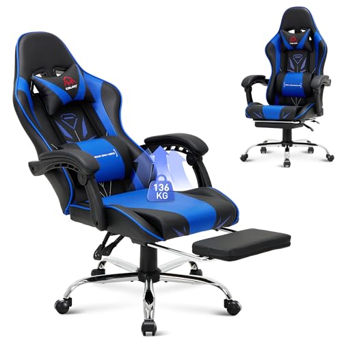 COLAMY Gaming Stuhl, Computer Stuhl mit Fußstütze und Lendenwirbelstütze, höhenverstellbarer Gaming Chair mit 360°-Drehsitz und Kopfstütze, Video Gamer PC Stuhl, Ergonomische hohe Rückenlehne, Blau COLAMY Gaming Stuhl, Computer Stuhl mit Fußstütze und Lendenwirbelstütze, höhenverstellbarer Gaming Chair mit 360°-Drehsitz und Kopfstütze, Video Gamer PC Stuhl, Ergonomische hohe Rückenlehne, Blau von COLAMY