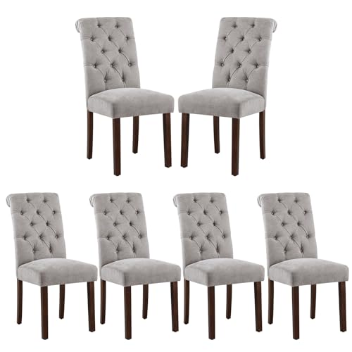 COLAMY Getuftete Esszimmerstühle 6er Set, Accent Parsons Esszimmerstühle Polsterstoff Esszimmerstühle Beistellstuhl Stilvolle Küchenstühle mit Massivholzbeinen und gepolsterter Sitzfläche - Hellgrau von COLAMY