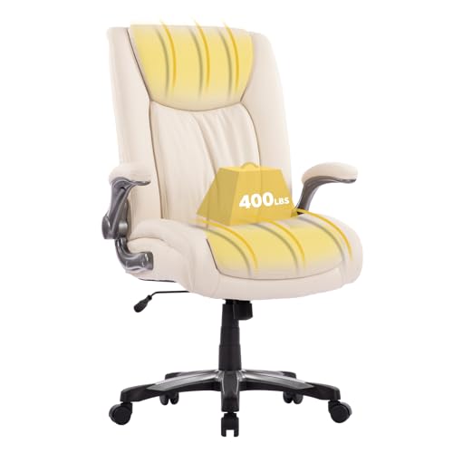 COLAMY Großer und hoher Bürostuhl 400lbs, großer, strapazierfähiger Executive-Computerschreibtischstuhl mit hoher Rückenlehne und klappbaren Armlehnen für das Homeoffice (Elfenbein) von COLAMY