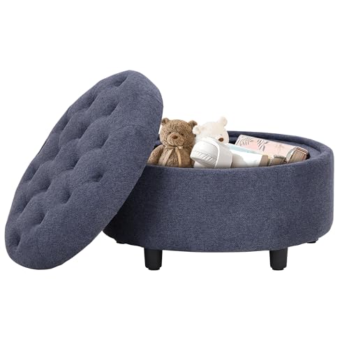 COLAMY Hocker mit Stauraum, Modernes Kunstleder Sitzhocker mit Stauraum, Gepolstert Rund Fußhocker Aufbewahrung mit Holzbeinen für Wohnzimmer Schminktisch Schlafzimmer Schlafzi, Blau von COLAMY