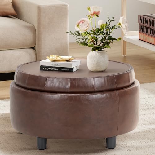 COLAMY Hocker mit Stauraum, Modernes Kunstleder Sitzhocker mit Stauraum, Gepolstert Rund Fußhocker Aufbewahrung mit Holzbeinen für Wohnzimmer Schminktisch Schlafzimmer Schlafzi, Braun von COLAMY