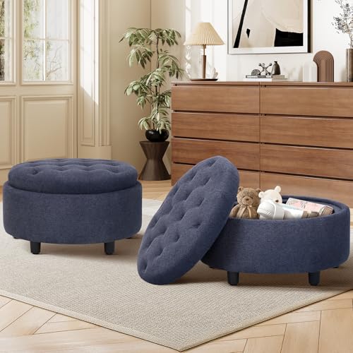 COLAMY Hocker mit Stauraum 2er Set, Modernes Kunstleder Sitzhocker mit Stauraum, Gepolstert Rund Fußhocker Aufbewahrung mit Holzbeinen für Wohnzimmer Schminktisch Schlafzimmer Schlafzi, Blau von COLAMY