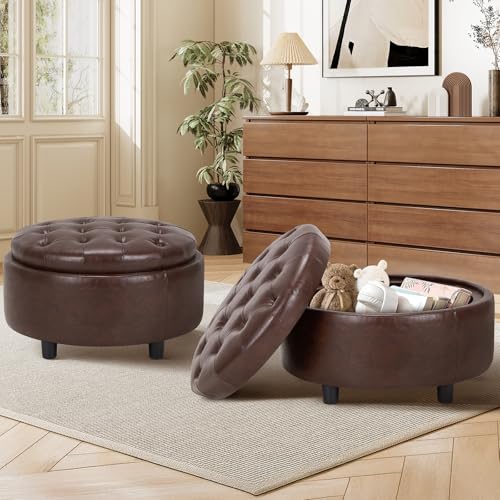COLAMY Hocker mit Stauraum 2er Set, Modernes Kunstleder Sitzhocker mit Stauraum, Gepolstert Rund Fußhocker Aufbewahrung mit Holzbeinen für Wohnzimmer Schminktisch Schlafzimmer Schlafzi, Braun COLAMY Hocker mit Stauraum 2er Set, Modernes Kunstleder Sitzhocker mit Stauraum, Gepolstert Rund Fußhocker Aufbewahrung mit Holzbeinen für Wohnzimmer Schminktisch Schlafzimmer Schlafzi, Braun von COLAMY