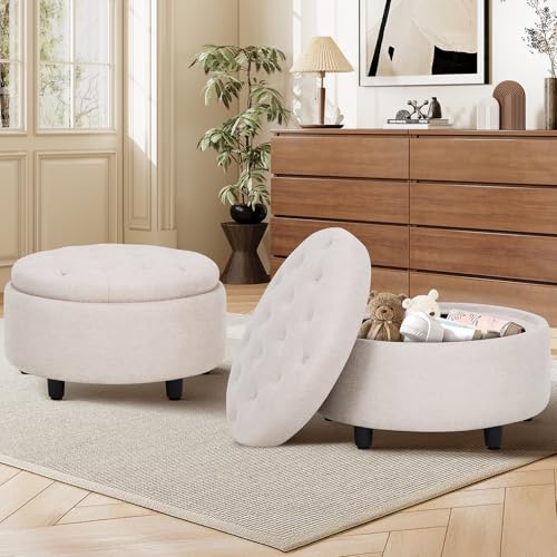COLAMY Hocker mit Stauraum 2er Set, Modernes Kunstleder Sitzhocker mit Stauraum, Gepolstert Rund Fußhocker Aufbewahrung mit Holzbeinen für Wohnzimmer Schminktisch Schlafzimmer Schlafzi, beige COLAMY Hocker mit Stauraum 2er Set, Modernes Kunstleder Sitzhocker mit Stauraum, Gepolstert Rund Fußhocker Aufbewahrung mit Holzbeinen für Wohnzimmer Schminktisch Schlafzimmer Schlafzi, beige von COLAMY