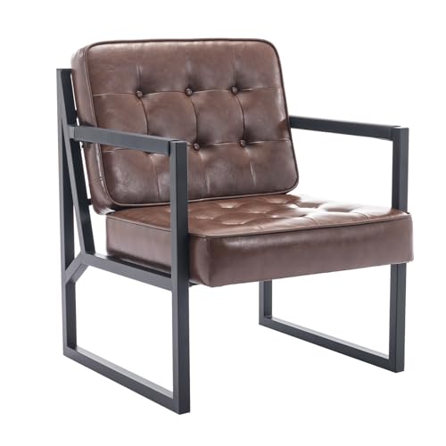 COLAMY Mid Century Modern Accent Chair 2er Set, Bequemer Wohnzimmersessel, Schwarzer Leder Accent Chair, Kunstleder Empfangssessel mit Metallbeinen für Wohnzimmer Schlafzimmer Empfangsbüro, Braun von COLAMY