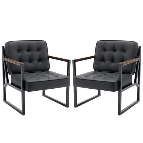 COLAMY Mid Century Modern ohrensessel 2er Set, Bequeme Lounge Sessel, Brauner Leder Accent Chair, Kunstleder Empfangssessel mit Metallbeinen für Wohnzimmer Schlafzimmer Empfangsraum, Schwarz von COLAMY