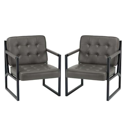 COLAMY Mid Century Modern ohrensessel 2er Set, Bequeme Lounge Sessel, Brauner Leder Accent Chair, Kunstleder Empfangssessel mit Metallbeinen für Wohnzimmer Schlafzimmer Empfangsraum Wartezimmer, grau von COLAMY