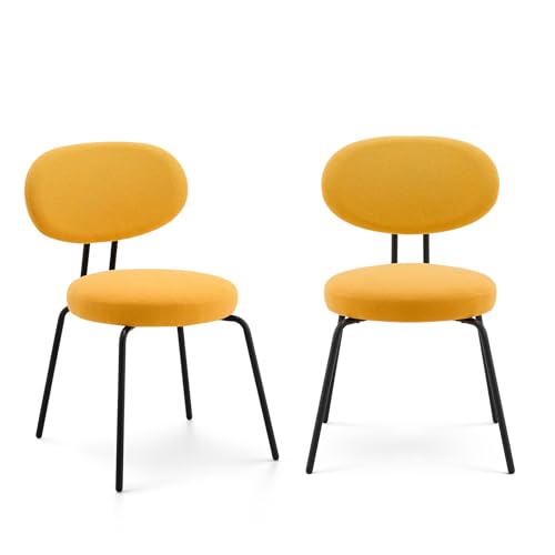 COLAMY Moderne Stoff-Esszimmerstühle Set aus 2, Mid-Century Gepolsterte Esszimmer- und Küchenstühle mit Gebogener Rückenlehne, Schwarze Metallbeine, Runder Sitz, Gelb von COLAMY