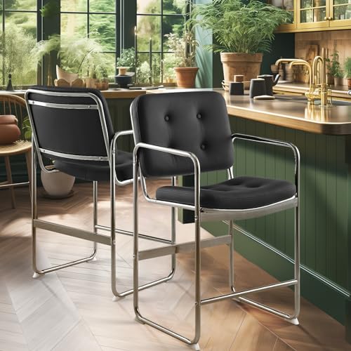 COLAMY Modernes Barhocker-Set 2er, PU-Leder Barstuhl in Thekenhöhe, Knopfgepolsterte Barhocker mit Metallbeinen für Kücheninsel, Wohnzimmer, Bar, Schwarz von COLAMY