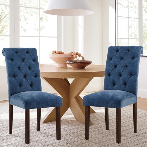 COLAMY Parsons Esszimmerstühle mit Knopfleiste, 2er-Set, gepolstert, Stoff, Esszimmerstühle, Küchenstühle mit Holzbeinen und gepolstertem Sitz, Blau von COLAMY