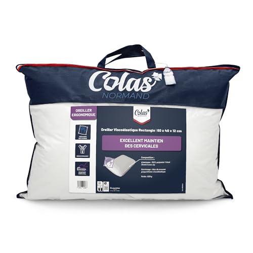 COLAS NORMAND - Ergonomisches Kissen – Memory-Schaum – 60 x 40 x 12 cm – Füllung viskoelastischer Polyurethan-Schaum – 900 g – Bezug 100% Polyester Tricot Stretch – Abnehmbarer Bezug mit von COLAS NORMAND