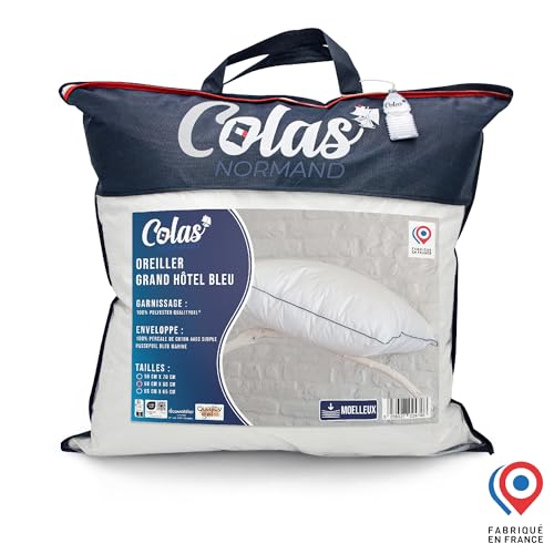 COLAS NORMAND | Fest Kopfkissen | 60 x 60 cm | Finish mit blauen Paspeln, Baumwollperkal, waschbar bei 30 °C von COLAS NORMAND