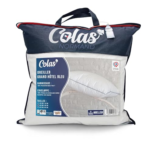 COLAS NORMAND | Fest Kopfkissen | 60 x 60 cm | Finish mit blauen Paspeln, Baumwollperkal, waschbar bei 30 °C von COLAS NORMAND