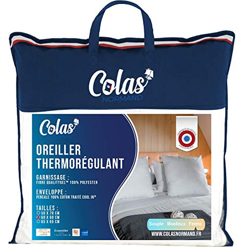 COLAS NORMAND - Thermoregulierendes Kissen - Cool in - fest - 60 x 60 cm - Schweißableitend - Perkal 100% Baumwolle - Fresh Feeling - Anti-Schweiß - Französisch Made von COLAS NORMAND