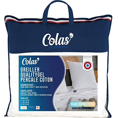 COLAS NORMAND Qualitygel Perkal-Kissen, 100% Baumwolle, weich, 60 x 60 cm, zervikale Unterstützung, Memory Sensation, Hotelqualität, weich, französisch hergestellt, weiß von COLAS NORMAND