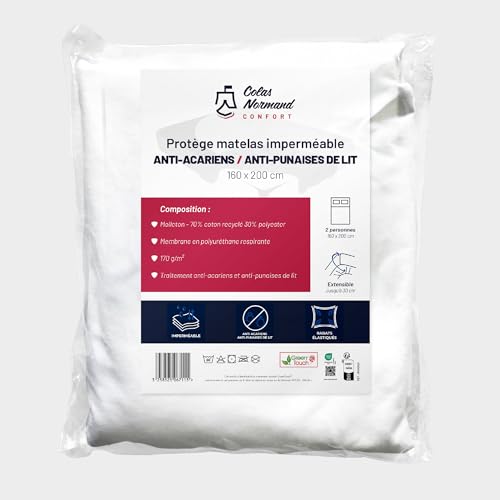 Colas Normand - Matratzenschoner 160 x 200 cm – wasserdicht & atmungsaktiv – Molton 70% recycelte Baumwolle – Anti-Milben & Anti-Planen GreenTouch, 160 x 200 cm von COLAS NORMAND