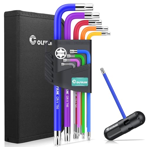 COLFULINE 9PCS Innensechskantschlüssel Set, Profi Innensechskant Satz mit Pflaumenförmiger Kopf T10-50, Torx Winkelschlüsselsatz, Sechskantschlüssel Set in Kunststoffclip Bunt von COLFULINE