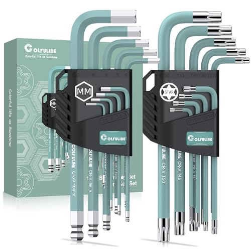 COLFULINE Innensechskant Satz,18PCS Sechskantschlüssel Set Profi Innensechskantschlüssel Satz Winkelschlüsselsatz mit Kugelkopf 1,5-10mm, Pflaumenförmiger Kopf Torx Set T10-50 in Kunststoffclip(Grün) von COLFULINE