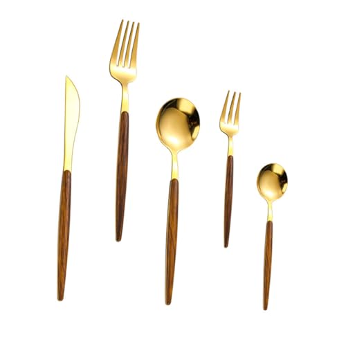 COLLBATH 5 Stück Teiliges Besteckset mit Holzgriff aus Edelstahl Nordischer Stil Goldfarben mit Messer Gabel Löffel Kleiner Gabel und Kleinem Löffel Robustes Western Cutlery für Zuhause von COLLBATH