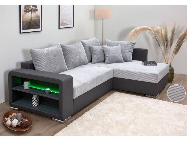 COLLECTION AB Ecksofa L-Form, Regalarmlehne mit LED RGB Beleuchtung,Bettfunktion und Bettkasten, grau von COLLECTION-AB