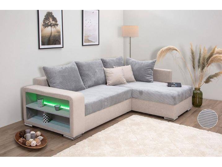 COLLECTION AB Ecksofa L-Form, Regalarmlehne mit LED RGB Beleuchtung,Bettfunktion und Bettkasten von COLLECTION-AB