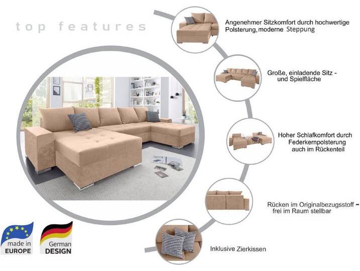 COLLECTION AB Wohnlandschaft Josy XXL U-Form, B: 333 cm, mit 2 Recamieren 77 & 97 cm, mit Bettfunktion, Bettkasten & 2 Zierkissen, Federkern, braun von COLLECTION-AB