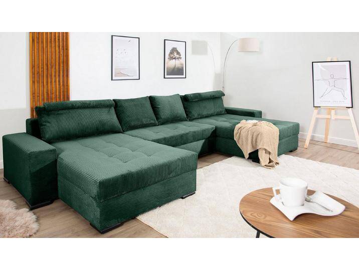 COLLECTION AB Wohnlandschaft Josy XXXL-Relax U-Form, B: 352 cm, mit Bettfunktion, Bettkasten & 2 Nackenkissen, Federkern, grün, dunkelgrün von COLLECTION-AB