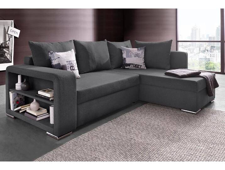 Ecksofa COLLECTION AB John L-Form , grau (anthrazit), B:226cm H:85cm T:160cm, Zierkissen: 100% Polyester, Struktur (100% Polyester), Kunstleder SOFTLUX / Struktur (80% Polyester; 20% Polyacryl), Microfaser PRIMABELLE (100% Polyester) / Struktur (100% Polyester), Sofas, mit Bettfunktion, Bettkasten und integriertem Regal von COLLECTION-AB