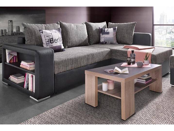 Ecksofa COLLECTION AB John L-Form , schwarz (schwarz, grau), B:226cm H:85cm T:160cm, Zierkissen: 100% Polyester, Struktur (100% Polyester), Kunstleder SOFTLUX / Struktur (80% Polyester; 20% Polyacryl), Microfaser PRIMABELLE (100% Polyester) / Struktur (100% Polyester), Sofas, mit Bettfunktion, Bettkasten und integriertem Regal, Topseller von COLLECTION-AB