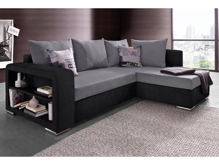 Ecksofa COLLECTION AB John L-Form , schwarz (schwarz, grau), B:226cm H:85cm T:160cm, Zierkissen: 100% Polyester, Struktur (100% Polyester), Kunstleder SOFTLUX / Struktur (80% Polyester; 20% Polyacryl), Microfaser PRIMABELLE (100% Polyester) / Struktur (100% Polyester), Sofas, mit Bettfunktion, Bettkasten und integriertem Regal, Topseller von COLLECTION-AB
