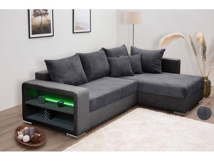Ecksofa COLLECTION AB L-Form , grau (anthrazit), B:226cm H:40cm T:160cm, 100%Polyester, Sofas, Regalarmlehne mit LED RGB Beleuchtung,Bettfunktion und Bettkasten von COLLECTION-AB
