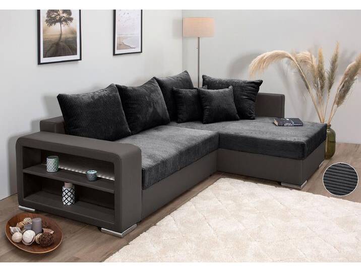 Ecksofa COLLECTION AB L-Form , grau, B:226cm H:40cm T:160cm, 100%Polyester, Sofas, Regalarmlehne mit LED RGB Beleuchtung,Bettfunktion und Bettkasten, Topseller von COLLECTION-AB