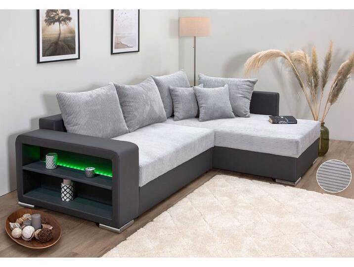 Ecksofa COLLECTION AB L-Form , grau (grau, hellgr), B:226cm H:40cm T:160cm, 100%Polyester, Sofas, Regalarmlehne mit LED RGB Beleuchtung,Bettfunktion und Bettkasten von COLLECTION-AB