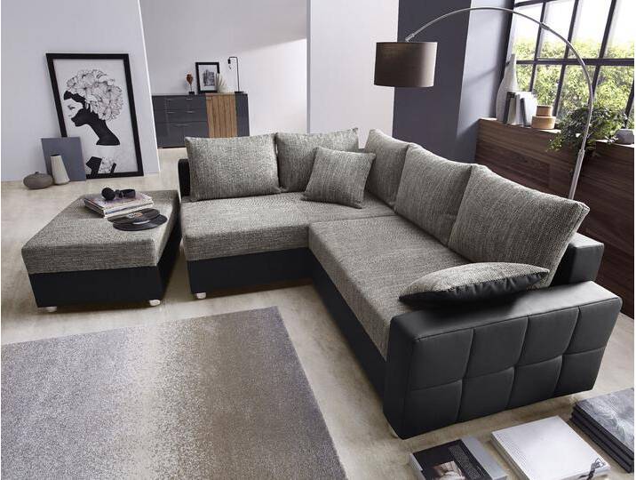 Ecksofa COLLECTION AB Parma L-Form , schwarz (schwarz, grau), B:224cm H:84cm T:161cm, Kunstleder SOFTLUX / Struktur (80% Polyester; 20% Polyacryl);Microfaser PRIMABELLE (100% Polyester);Zierkissen: Jeweils analog des Korpusbezugs (Wendekissen, teilweise im Materialmix);Microfaser PRIMABELLE (100% Polyester) / Struktur (80% Polyester; 20% Polyacryl), Sofas, mit Bettfunktion und Federkern von COLLECTION-AB