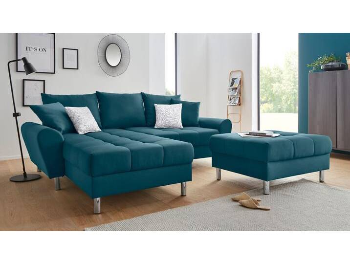 Ecksofa COLLECTION AB Rada L-Form , blau (azur), B:235cm H:86cm T:188cm, Struktur (100% Polyester); Samtoptik (100% Polyester), Sofas, inklusive Hocker, Bettfunktion und Federkern von COLLECTION-AB