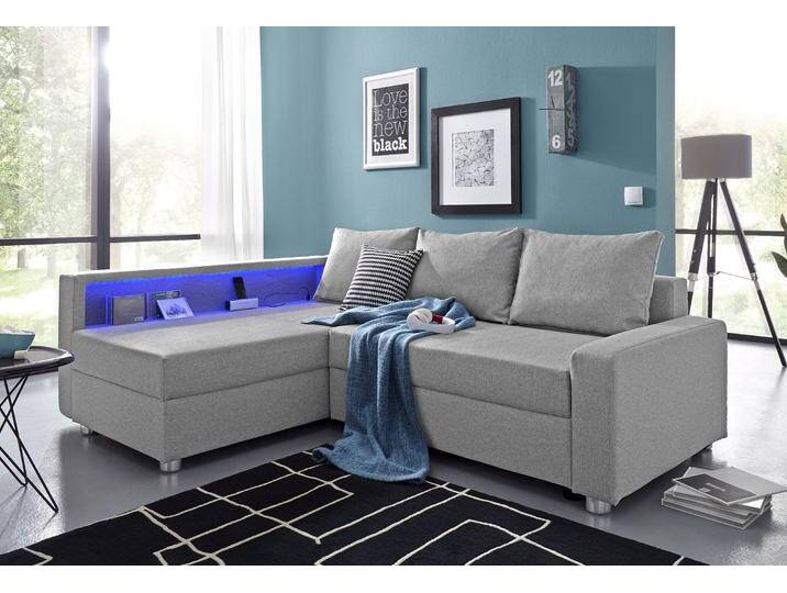Ecksofa COLLECTION AB Relax L-Form , grau (hellgrau), B:223cm H:84cm T:91cm, Zierkissen: 100%Polyester;Struktur (100% Polyester);Microfaser PRIMABELLE (100% Polyester);Kunstleder SOFTLUX / Struktur (80% Polyester, 20% Acryl);Microfaser PRIMABELLE (100% Polyester) / Struktur (80% Polyester, 20% Acryl), Sofas, Ecksofa, inklusive Bettfunktion, Federkern, wahlweise mit RGB-LED-Beleuchtung von COLLECTION-AB