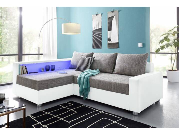 Ecksofa COLLECTION AB Relax L-Form , grau (weiß, grau), B:223cm H:84cm T:91cm, Zierkissen: 100%Polyester, Struktur (100% Polyester), Microfaser PRIMABELLE (100% Polyester), Kunstleder SOFTLUX / Struktur (80% Polyester, 20% Acryl), Microfaser PRIMABELLE (100% Polyester) / Struktur (80% Polyester, 20% Acryl), Sofas, Ecksofa, inklusive Bettfunktion, Federkern, wahlweise mit RGB-LED-Beleuchtung von COLLECTION-AB