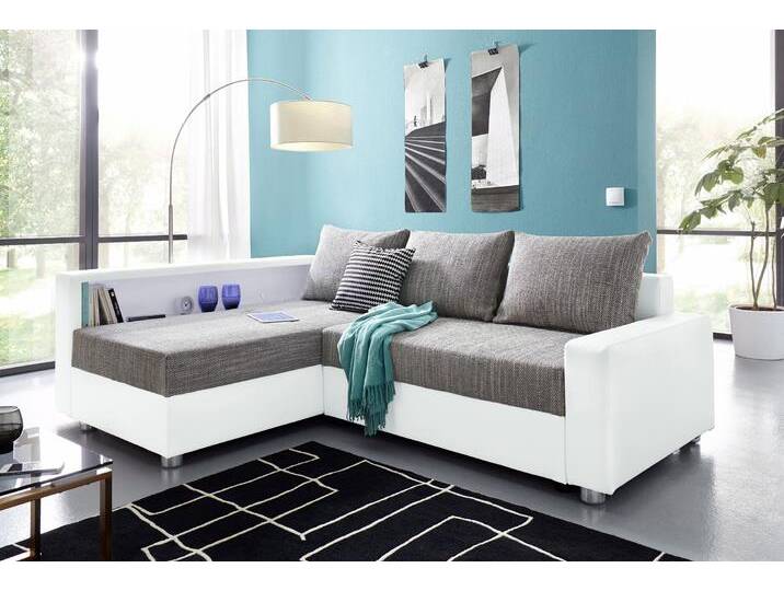 Ecksofa COLLECTION AB Relax L-Form , grau (weiß, grau), B:223cm H:84cm T:91cm, Zierkissen: 100%Polyester, Struktur (100% Polyester), Microfaser PRIMABELLE (100% Polyester), Kunstleder SOFTLUX / Struktur (80% Polyester, 20% Acryl), Microfaser PRIMABELLE (100% Polyester) / Struktur (80% Polyester, 20% Acryl), Sofas, Ecksofa, inklusive Bettfunktion, Federkern, wahlweise mit RGB-LED-Beleuchtung von COLLECTION-AB