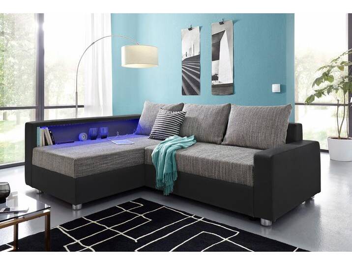 Ecksofa COLLECTION AB Relax L-Form , schwarz (schwarz, grau), B:223cm H:84cm T:91cm, Zierkissen: 100%Polyester;Struktur (100% Polyester);Microfaser PRIMABELLE (100% Polyester);Kunstleder SOFTLUX / Struktur (80% Polyester, 20% Acryl);Microfaser PRIMABELLE (100% Polyester) / Struktur (80% Polyester, 20% Acryl), Sofas, Ecksofa, inklusive Bettfunktion, Federkern, wahlweise mit RGB-LED-Beleuchtung von COLLECTION-AB