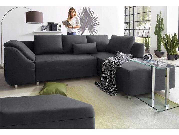 Ecksofa COLLECTION AB Sally L-Form , grau (anthrazit), B:256cm H:87cm T:165cm, Microfaser PRIMABELLE (100% Polyester) / Struktur (80% Polyester, 20% Acryl), Struktur (80% Polyester, 20% Acryl), Kunstleder SOFTLUX / Struktur (80% Polyester, 20% Acryl), Microfaser PRIMABELLE (100% Polyester) / Cord (100% Polyester), Sofas, mit und ohne Bettfunktion, inklusive loser Rücken- und Zierkissen von COLLECTION-AB