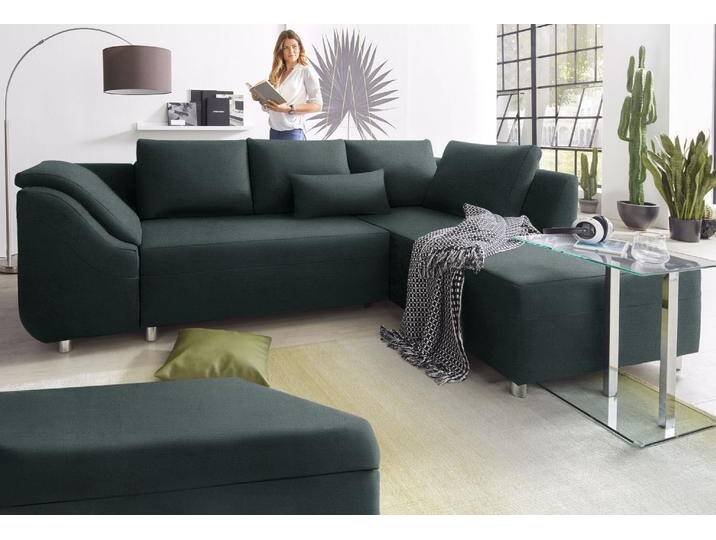 Ecksofa COLLECTION AB Sally L-Form , grün (flaschengrün), B:256cm H:87cm T:165cm, Microfaser PRIMABELLE (100% Polyester) / Struktur (80% Polyester, 20% Acryl), Struktur (80% Polyester, 20% Acryl), Kunstleder SOFTLUX / Struktur (80% Polyester, 20% Acryl), Microfaser PRIMABELLE (100% Polyester) / Cord (100% Polyester), Sofas, mit und ohne Bettfunktion, inklusive loser Rücken- und Zierkissen von COLLECTION-AB