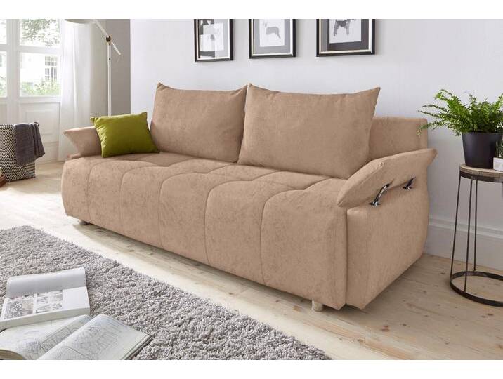 Schlafsofa COLLECTION AB Funtastic , braun (hellbraun), B:212cm H:84cm T:96cm, Zierkissen: 100% Polyester, Struktur (100% Polyester), Kunstleder SOFTLUX, Microfaser PRIMABELLE (100% Polyester), Sofas, mit Federkern, Bettfunktion, inklusive 2 Rücken- und 1 Zierkissen, Topseller von COLLECTION-AB