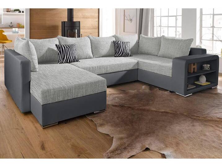 Wohnlandschaft COLLECTION AB John U-Form , grau (anthrazit, hellgrau), B:294cm H:80cm T:92cm, Kunstleder SOFTLUX / Struktur ( 20% Polyacryl, 80% Polyester ), Zierkissen: 100% Polyester, Microfaser PRIMABELLE (100% Polyester) / Struktur ( 20% Polyacryl, 80% Polyester ), Sofas, mit Bettfunktion, wahlweise mit Federkern von COLLECTION-AB