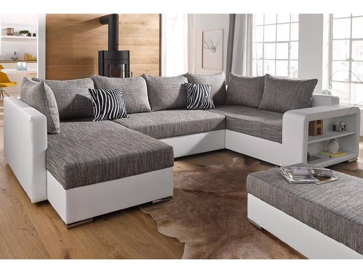 Wohnlandschaft COLLECTION AB John U-Form , grau (weiß, grau), B:294cm H:80cm T:92cm, Kunstleder SOFTLUX / Struktur ( 20% Polyacryl, 80% Polyester ), Zierkissen: 100% Polyester, Microfaser PRIMABELLE (100% Polyester) / Struktur ( 20% Polyacryl, 80% Polyester ), Sofas, mit Bettfunktion, wahlweise mit Federkern von COLLECTION-AB
