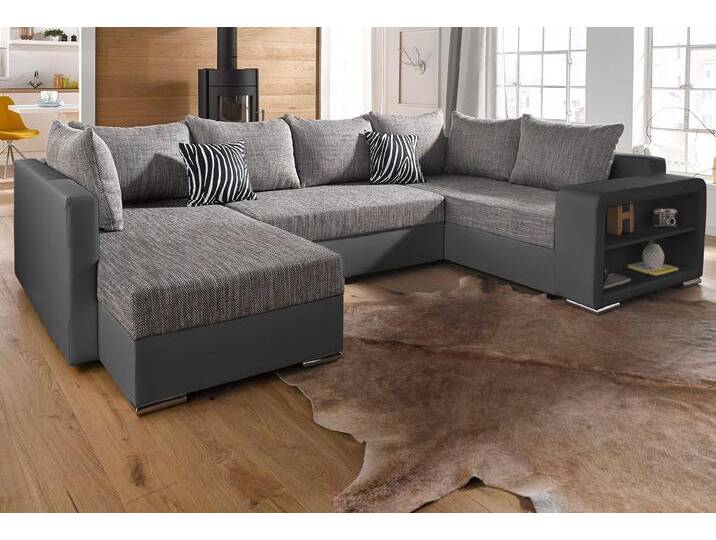 Wohnlandschaft COLLECTION AB John U-Form , schwarz (schwarz, grau), B:294cm H:80cm T:92cm, Kunstleder SOFTLUX / Struktur ( 20% Polyacryl, 80% Polyester ), Zierkissen: 100% Polyester, Microfaser PRIMABELLE (100% Polyester) / Struktur ( 20% Polyacryl, 80% Polyester ), Sofas, mit Bettfunktion, wahlweise mit Federkern von COLLECTION-AB