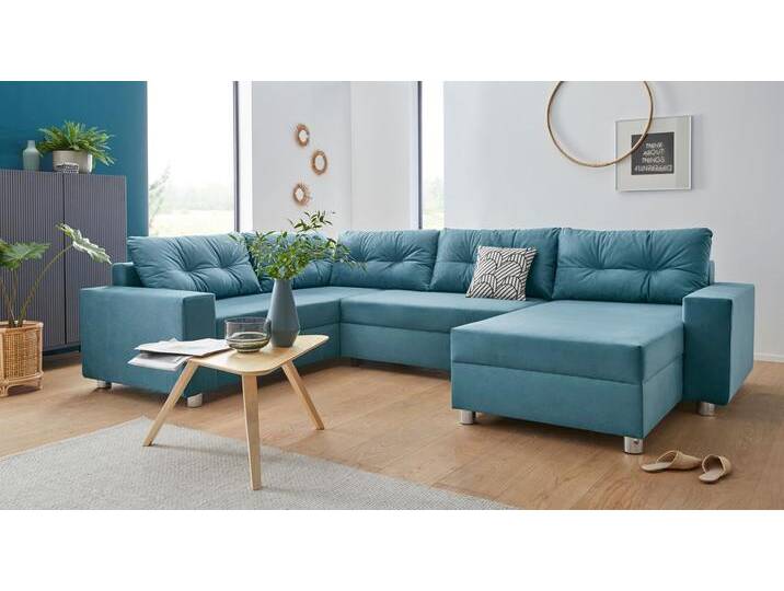 Wohnlandschaft COLLECTION AB Paris U-Form , blau (azur), B:310cm T:212cm, Samtoptik (100% Polyester), Sofas, inklusive Federkern, wahlweise mit Bettfunktion und Bettkasten von COLLECTION-AB