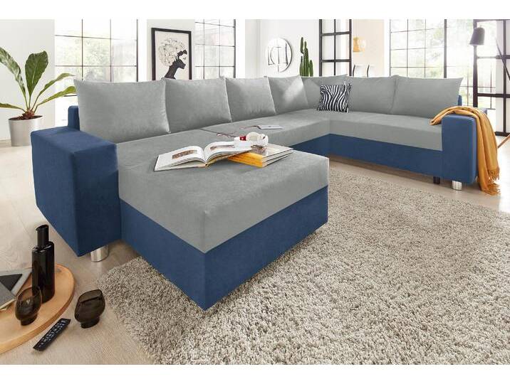 Wohnlandschaft COLLECTION AB Paris U-Form , blau (blau, hellgrau), B:310cm H:85cm T:212cm, Kunstleder SOFTLUX / Struktur (100% Polyester), Microfaser PRIMABELLE (100% Polyester), Zierkissen: 100% Polyester, Microfaser PRIMABELLE (100% Polyester) / Struktur (100% Polyester), Sofas, mit Federkern, wahlweise mit Bettfunktion und Bettkasten von COLLECTION-AB